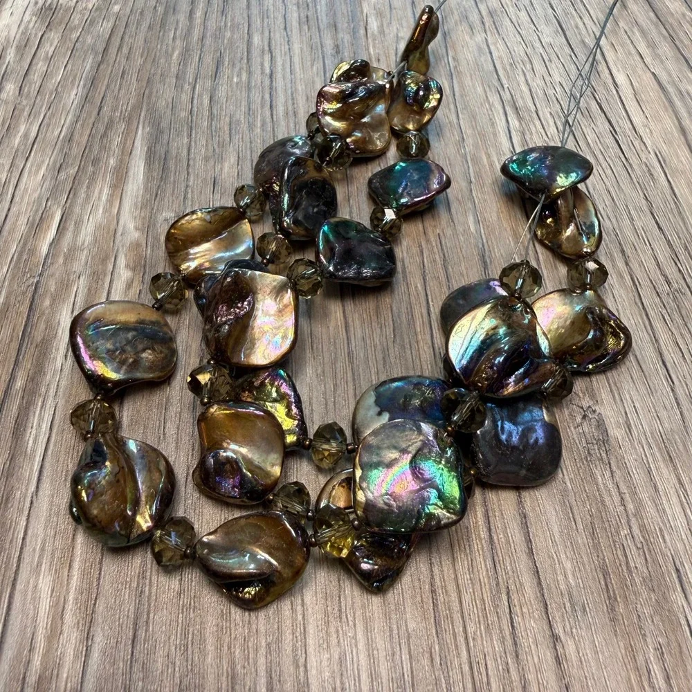 Vintage Abalone Shell Multi Strand Statement Necklace‎ Earrings Set Iridescent